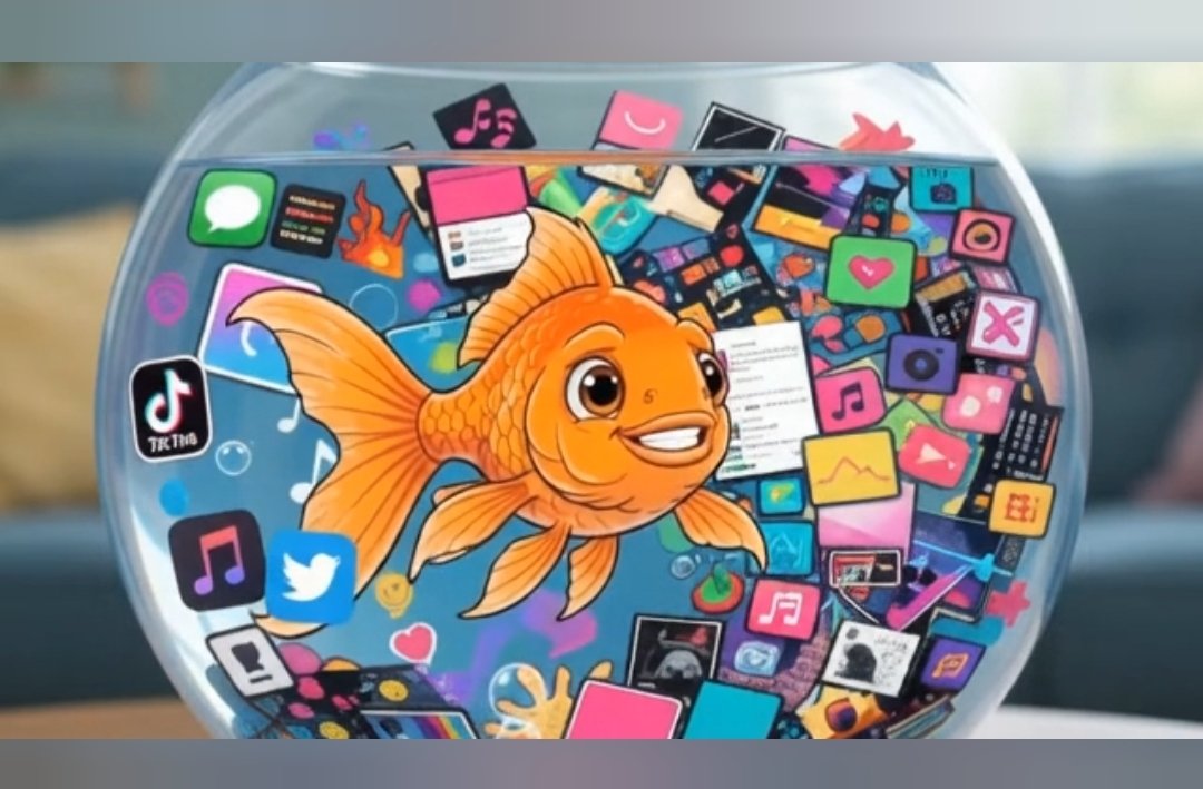 A goldfish swimming in a bowl crowded with social media app icons