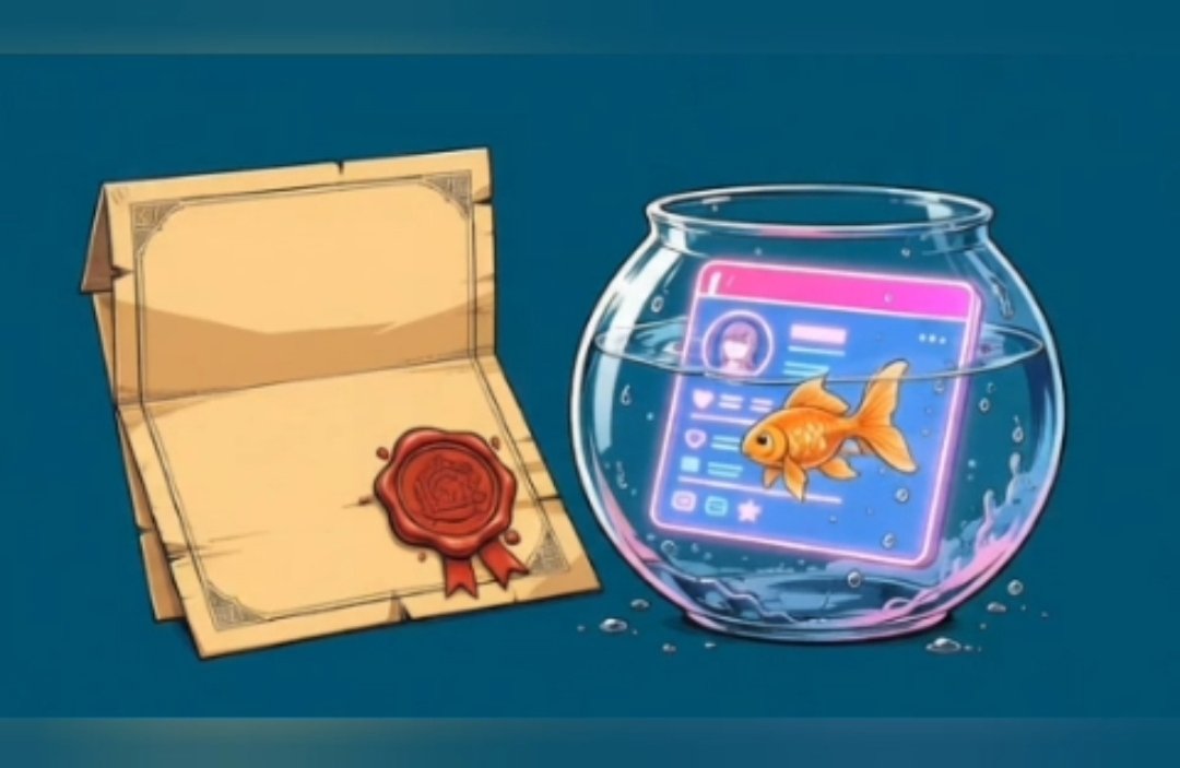 A property deed with a wax seal beside a bowl containing a social media page