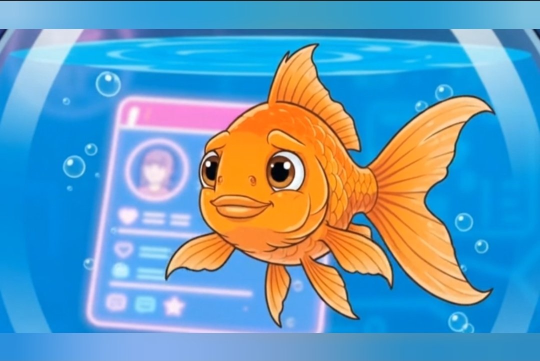 A goldfish swimming in front of its own social media profile page inside its bowl