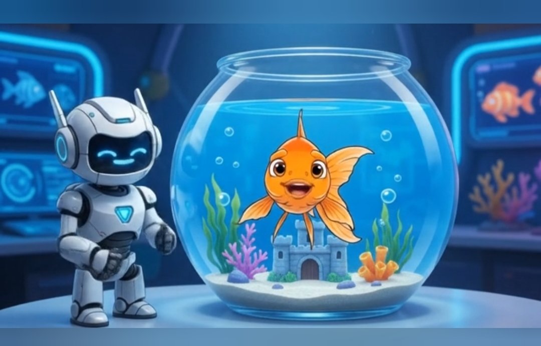 A robot smiling beside a goldfish bowl with a castle inside