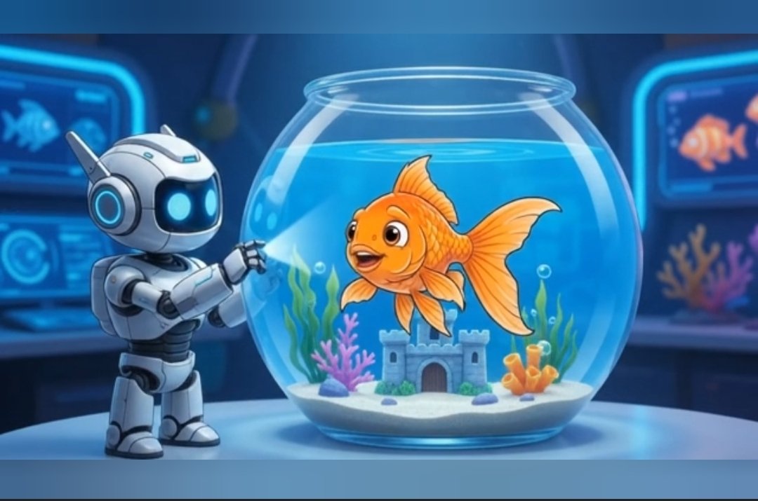 A robot caretaker tending a goldfish bowl