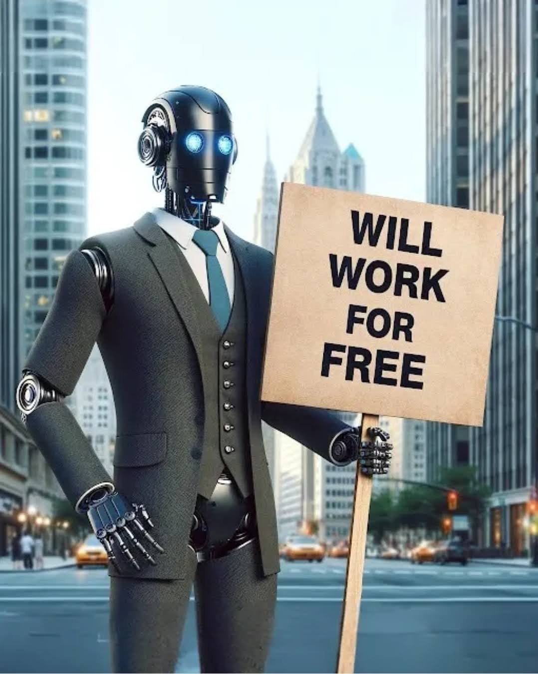 A robot in a business suit holding a sign: WILL WORK FOR FREE