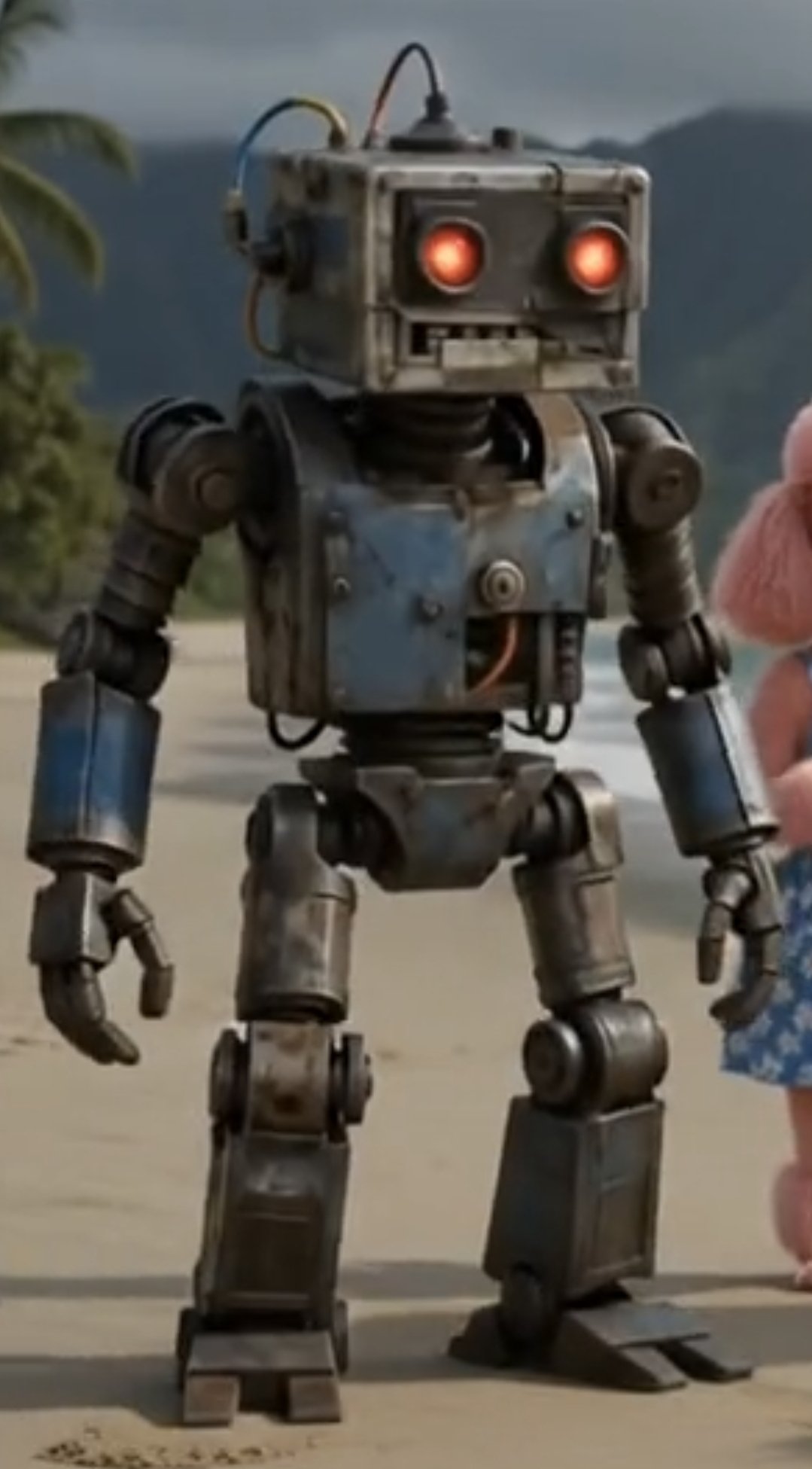 A blue-gray BroBot with glowing red eyes and loose wiring standing on the sand