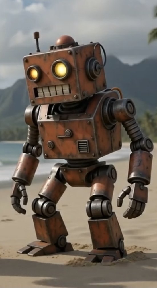 A rusty orange BroBot with glowing yellow eyes standing on a Hawaiian beach