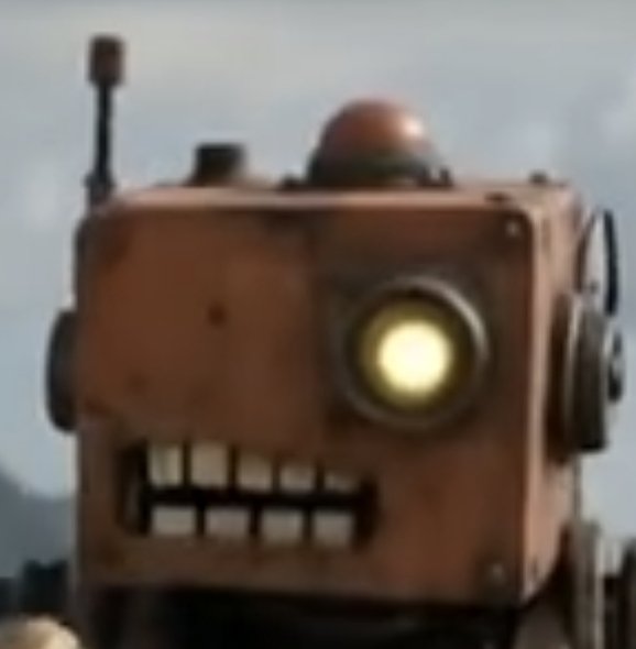 Close-up of a rusty BroBot face with a glowing yellow eye